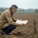 Géomètre-expert analysant un plan cadastral sur une parcelle agricole en France, unité de mesure en ares