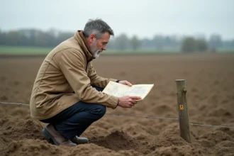 Géomètre-expert analysant un plan cadastral sur une parcelle agricole en France, unité de mesure en ares