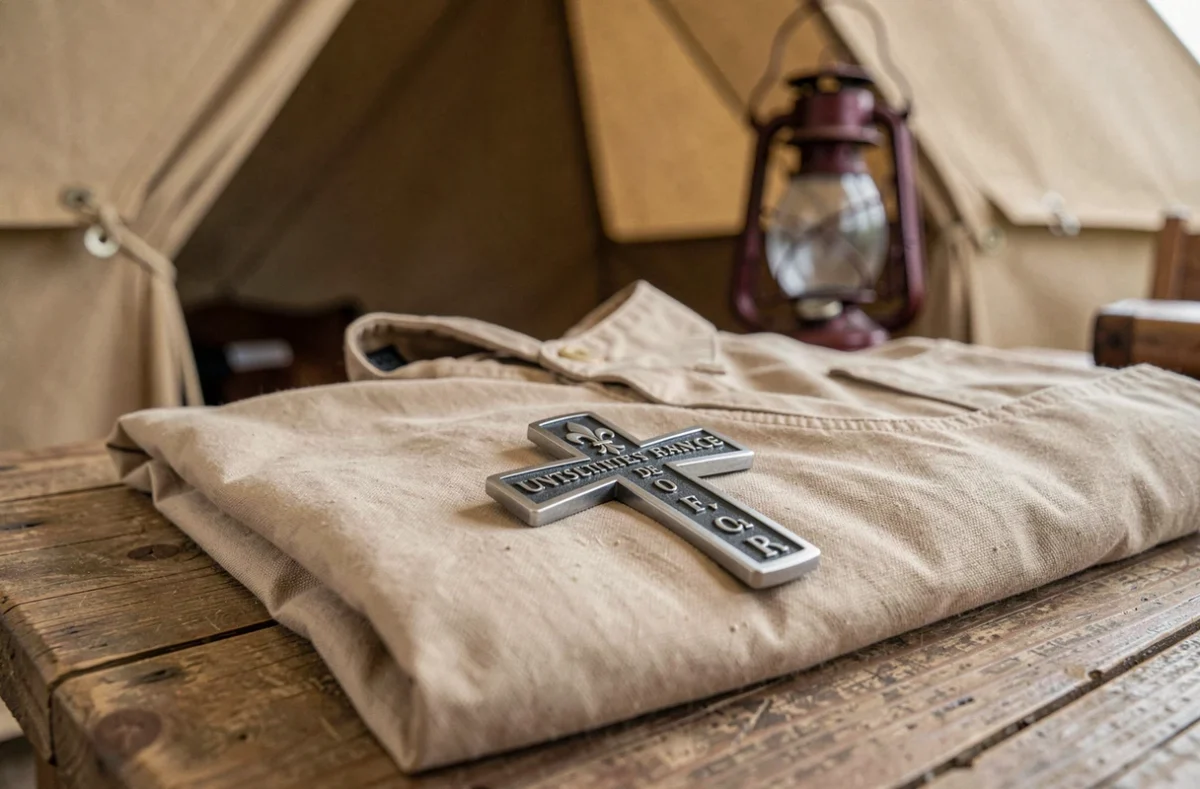 Gros plan d'une croix scoute unitaire de France posée sur une chemise uniforme en coton beige