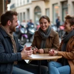 Groupe de quatre amis à Paris discutant dans un café
