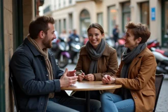 Groupe de quatre amis à Paris discutant dans un café