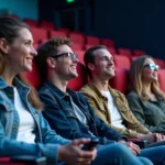 Groupe de quatre adultes dans un cinéma 4DX dynamique