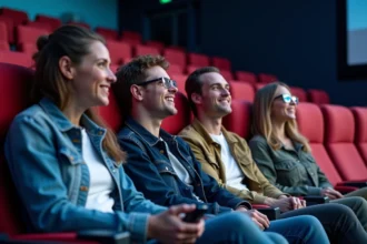 Groupe de quatre adultes dans un cinéma 4DX dynamique