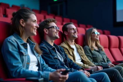 Groupe de quatre adultes dans un cinéma 4DX dynamique