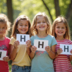 Groupe d'enfants souriants dans un parc ensoleille avec étiquettes H