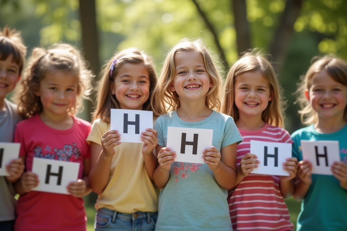 Groupe d'enfants souriants dans un parc ensoleille avec étiquettes H