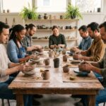 Groupe d'adultes en poterie dans un atelier chaleureux