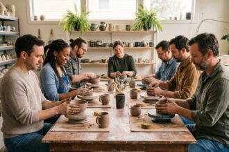 Groupe d'adultes en poterie dans un atelier chaleureux