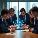 Groupe de professionnels autour d'une tablette blockchain