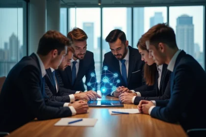 Groupe de professionnels autour d'une tablette blockchain