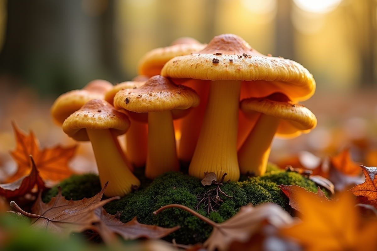 Groupe de chanterelles mûres entourées de feuilles d