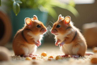 Deux hamsters syriens observant dans un enclos naturel