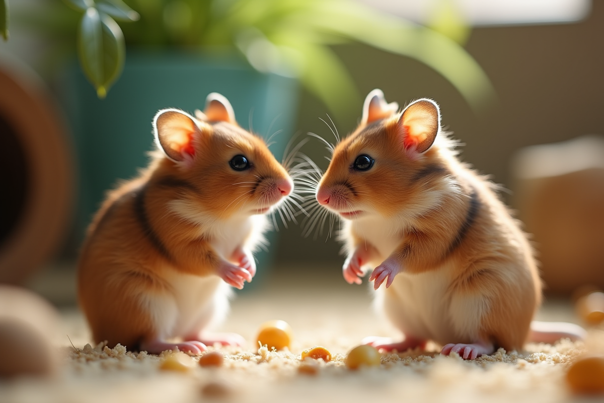 Deux hamsters syriens observant dans un enclos naturel