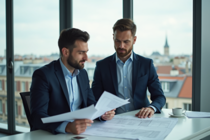 Homme d'affaires en costume dans un bureau parisien