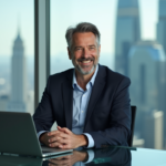 Homme d'affaires en costume dans un bureau moderne avec vue sur la ville
