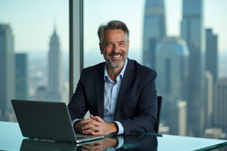 Homme d'affaires en costume dans un bureau moderne avec vue sur la ville
