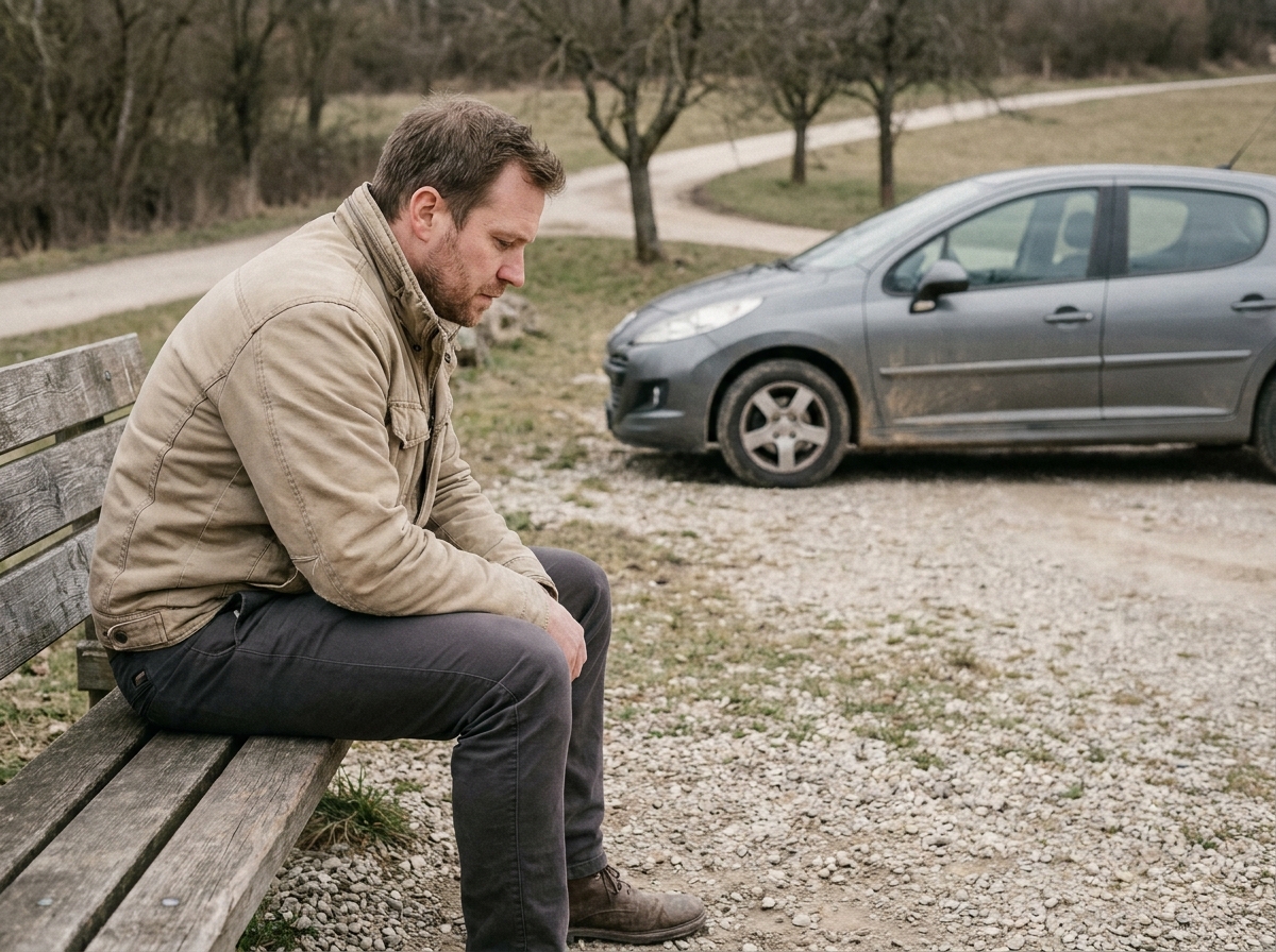 Homme assis sur un banc dans une aire de repos routière, marquant une pause réfléchie avant de reprendre le volant