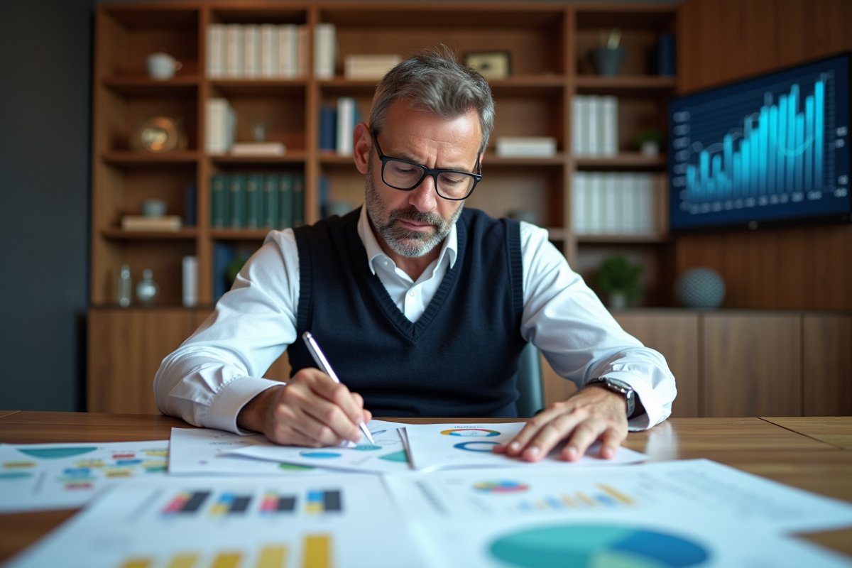 Homme d âge moyen analyse des feuilles de budget colorées