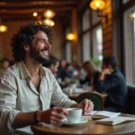 Homme au café souriant de ses propres blagues d'autodérision, carnet ouvert sur la table, ambiance bistrot parisien