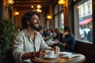 Homme au café souriant de ses propres blagues d'autodérision, carnet ouvert sur la table, ambiance bistrot parisien