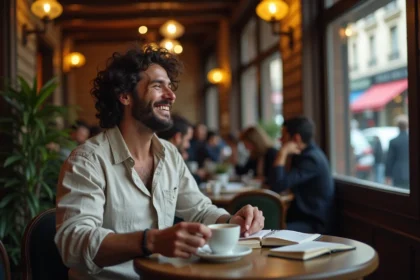 Homme au café souriant de ses propres blagues d'autodérision, carnet ouvert sur la table, ambiance bistrot parisien