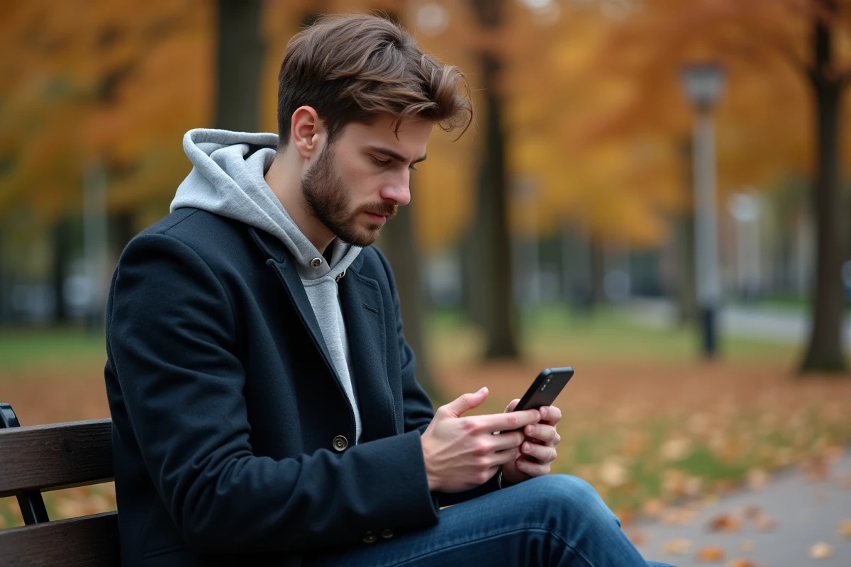 Homme seul sur un banc de parc en automne regardant un message non envoyé sur son téléphone, illustrant le manque exprimé en silence