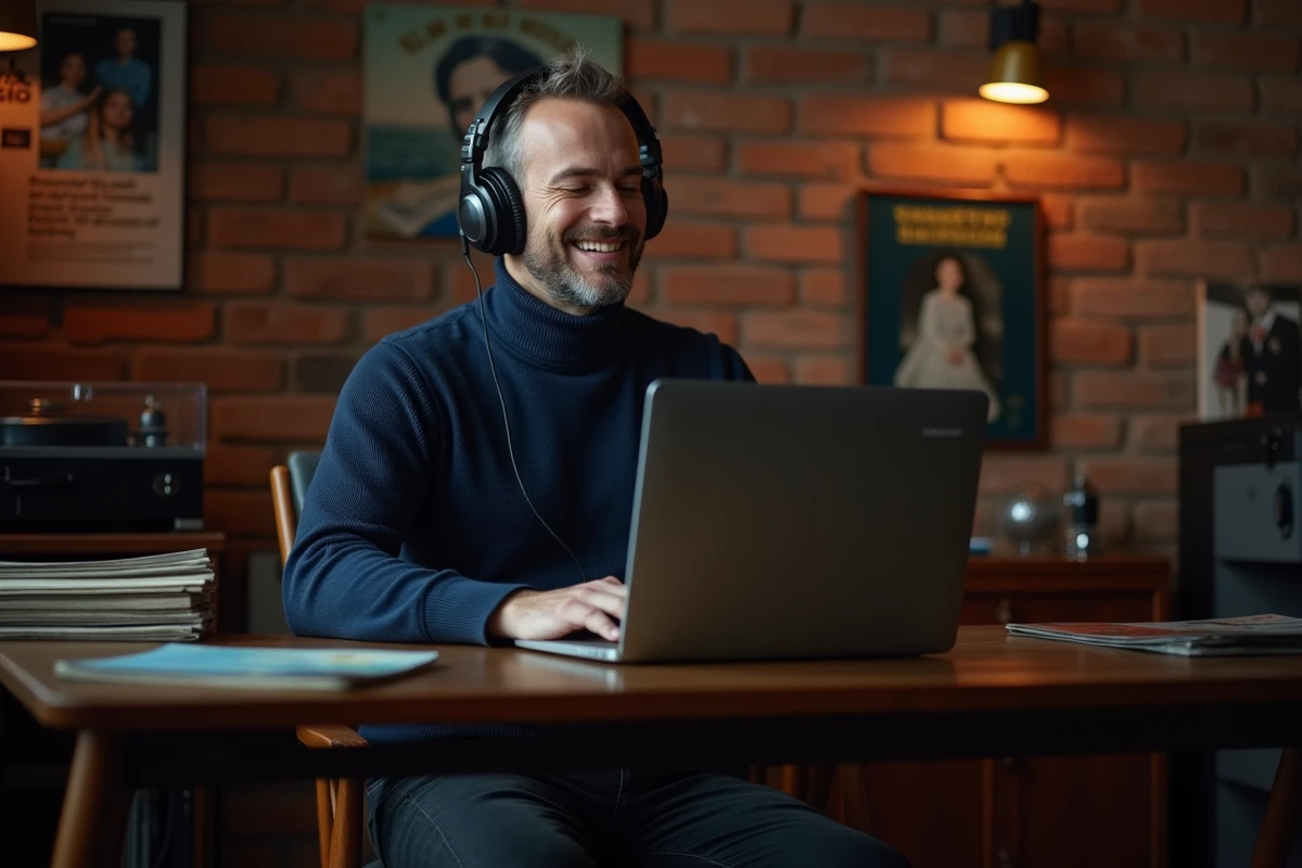 Homme écoutant des chansons françaises remasterisées des années 60 avec un casque audio dans un studio vintage