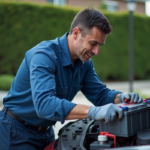 Homme moyenâgeux installant une batterie dans une voiture