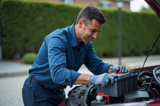 Homme moyenâgeux installant une batterie dans une voiture