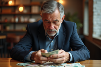 Homme d'âge moyen examinant des pièces de monnaie