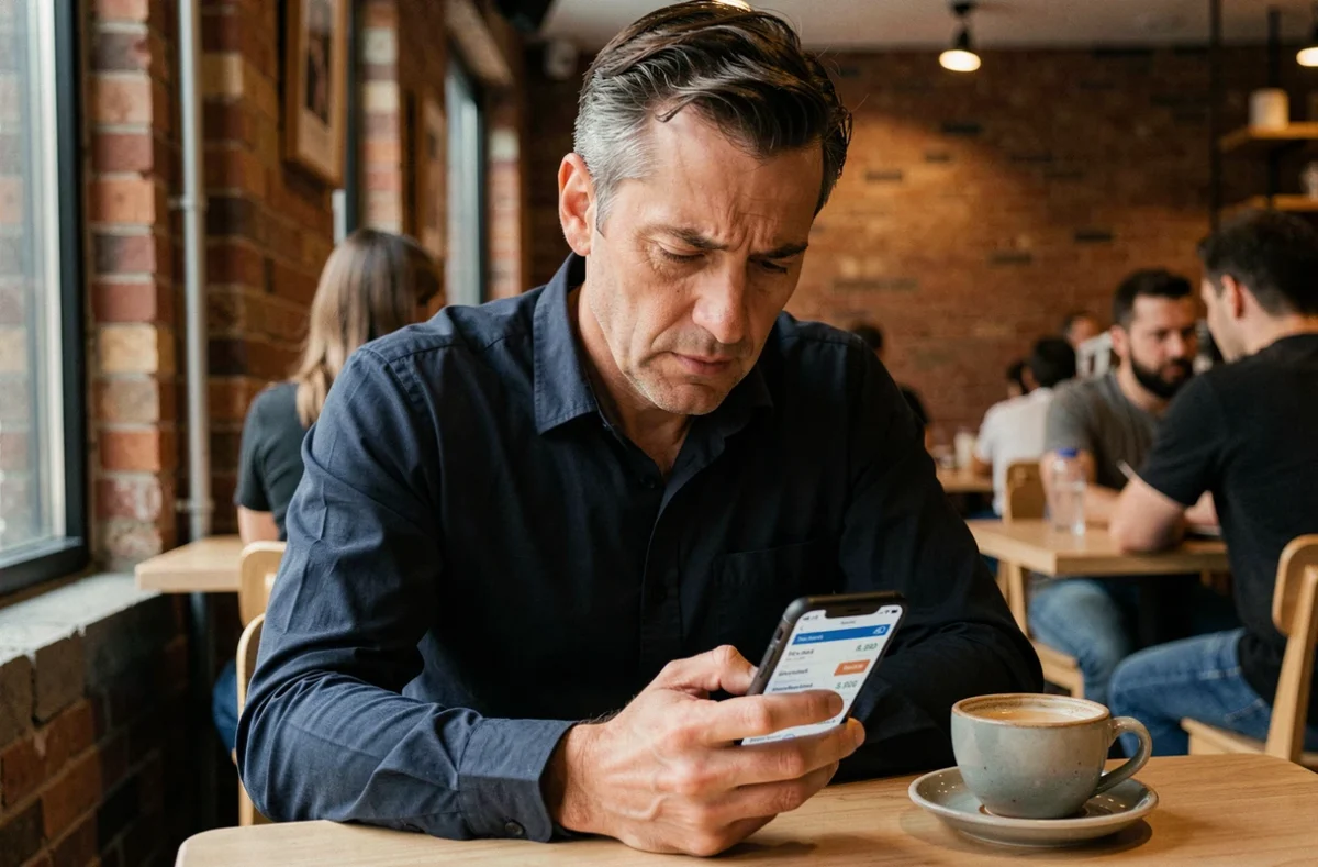 Homme en train de comparer des tarifs sur son smartphone dans un café urbain