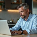 Homme d'âge moyen compare prix d'appareils en inox sur son ordinateur