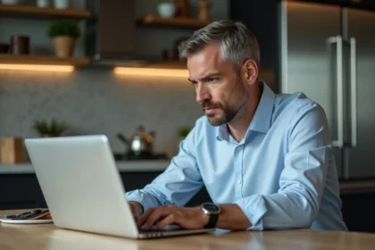 Homme d'âge moyen compare prix d'appareils en inox sur son ordinateur