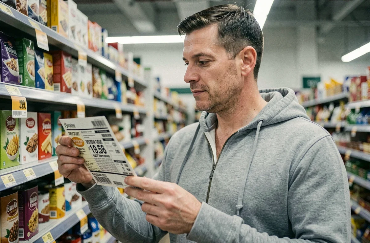Homme comparant un coupon de réduction imprimé avec un produit en rayon dans un supermarché