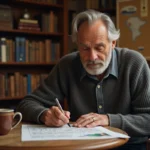 Homme d'âge moyen remplissant un mots croises dans un bureau chaleureux