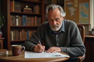 Homme d'âge moyen remplissant un mots croises dans un bureau chaleureux