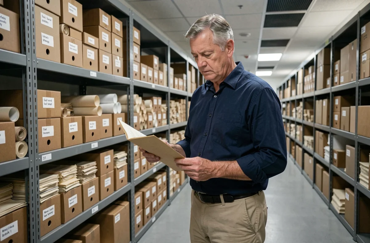 Homme consultant un dossier devant des étagères métalliques remplies de boîtes d'archives dans un centre de conservation documentaire