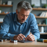 Homme d'âge moyen examine diverses batteries sur une table