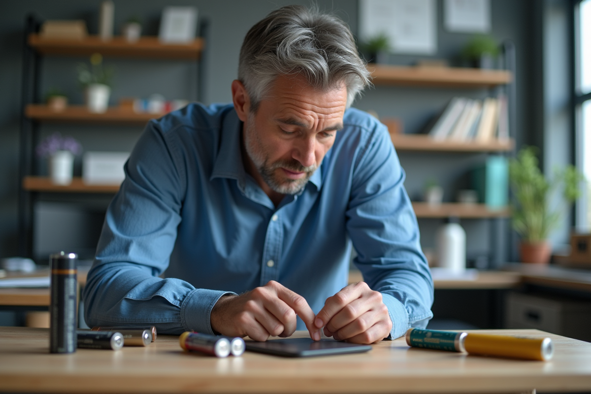 Homme d'âge moyen examine diverses batteries sur une table