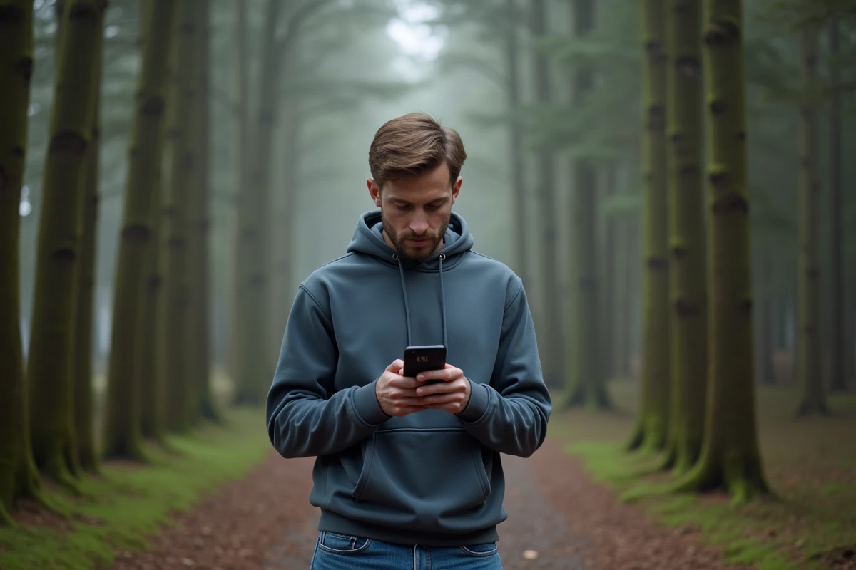 Jeune homme dans la forêt regardant sa montre à 1h11