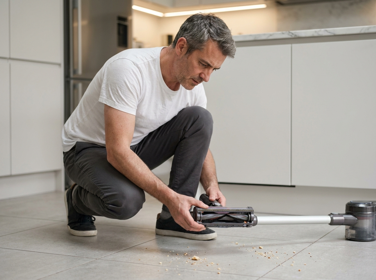 Homme inspectant la brosse d'un aspirateur balai sans fil sur carrelage dans une cuisine moderne
