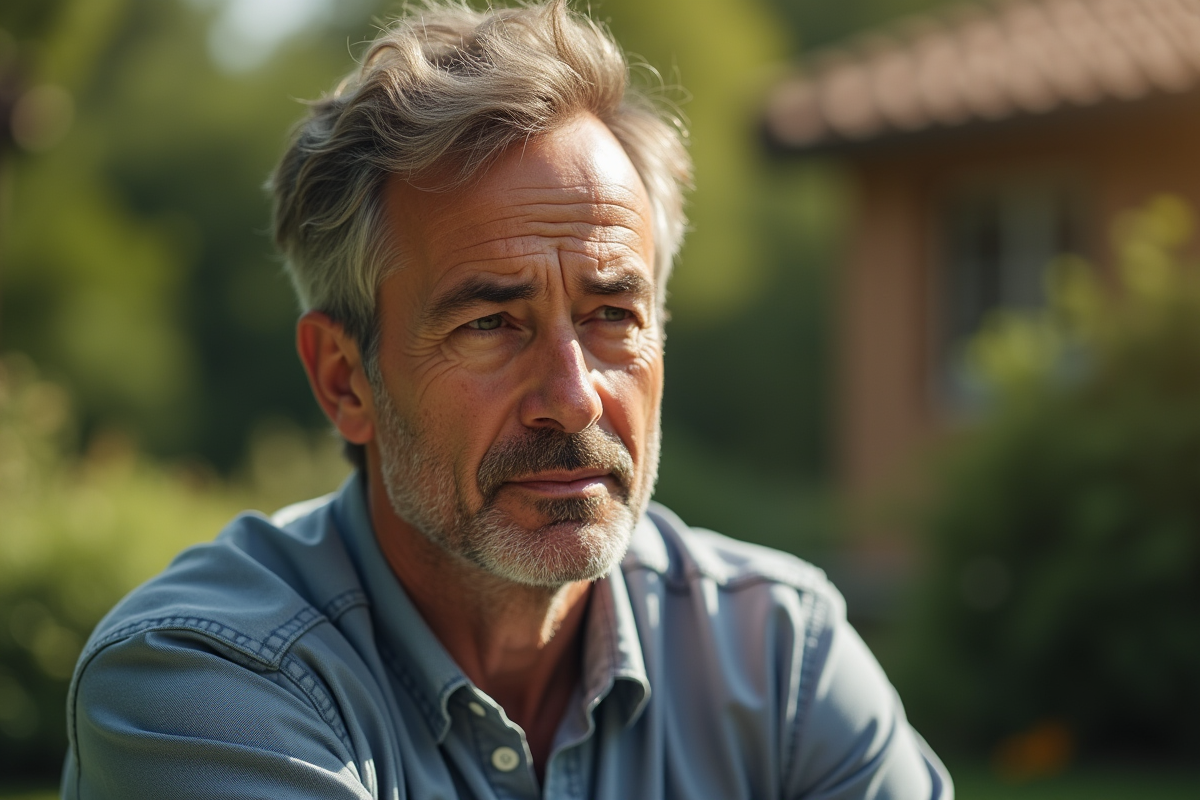 Homme introspectif dans un jardin paisible en lumière douce
