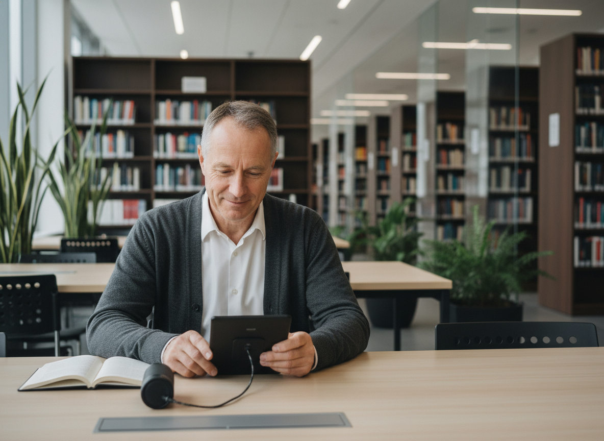 Homme âgé utilisant un e-reader dans une bibliothèque moderne