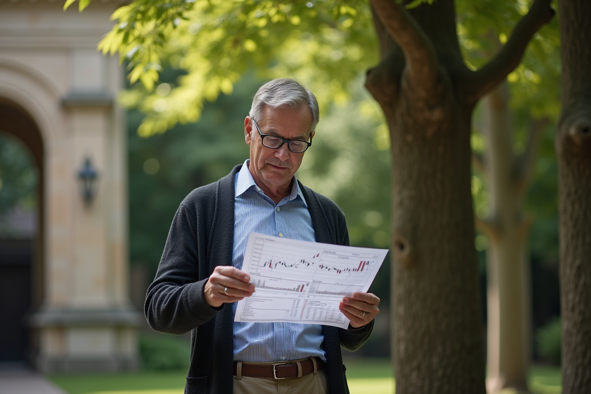 Homme en extérieur consultant un graphique financier dans un jardin