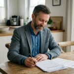 Homme d'âge moyen lisant des documents de prêt à la maison