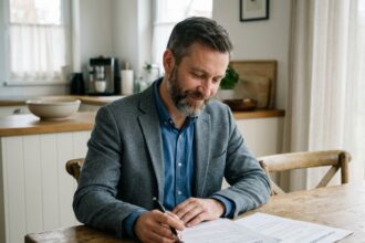 Homme d'âge moyen lisant des documents de prêt à la maison