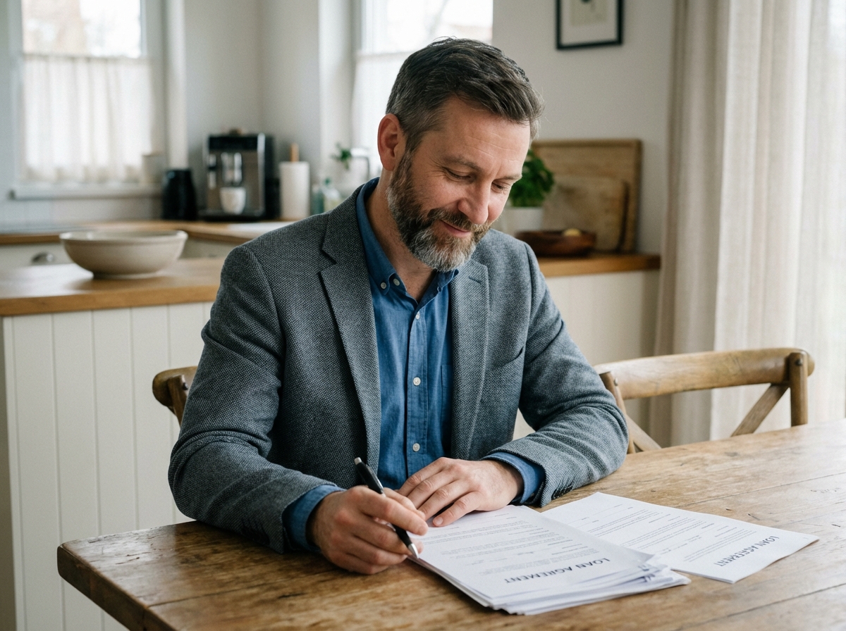 Homme d'âge moyen lisant des documents de prêt à la maison