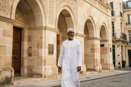Homme en djellaba blanche se dirigeant vers l'entrée d'une mosquée à Bordeaux pour la prière du vendredi