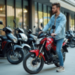 Homme examinant une moto Honda neuve en concession