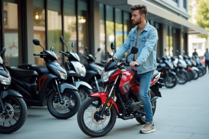 Homme examinant une moto Honda neuve en concession